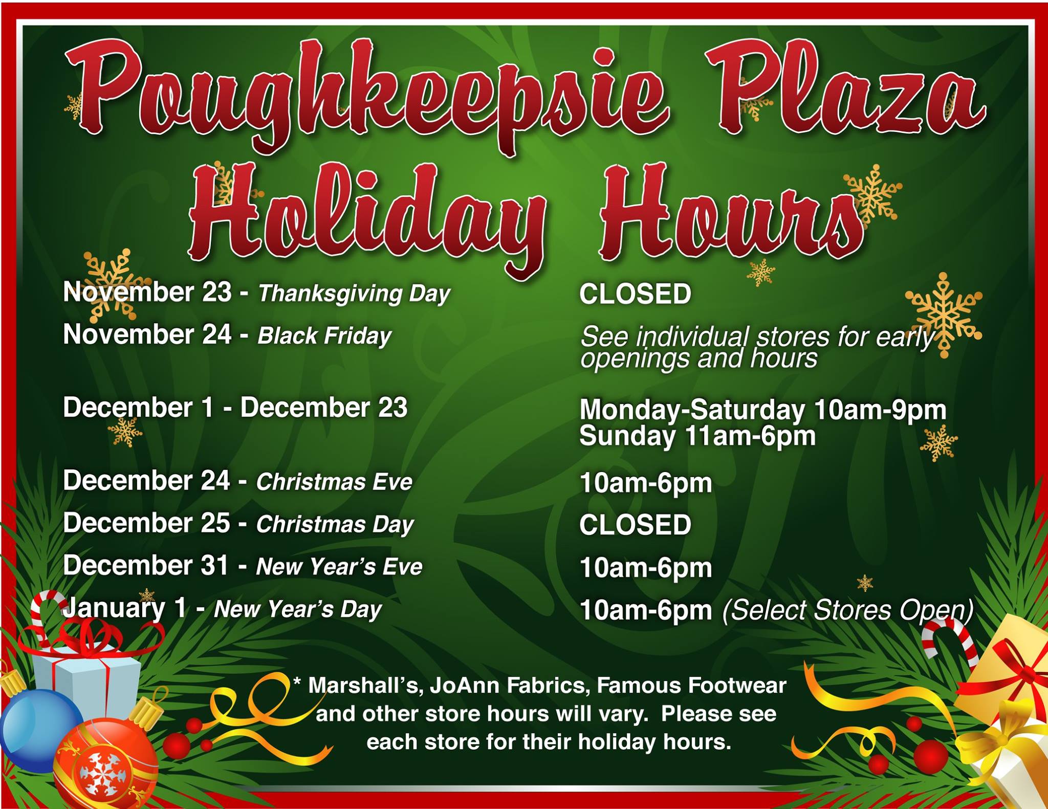 Holiday Hours! Poughkeepsie Plaza