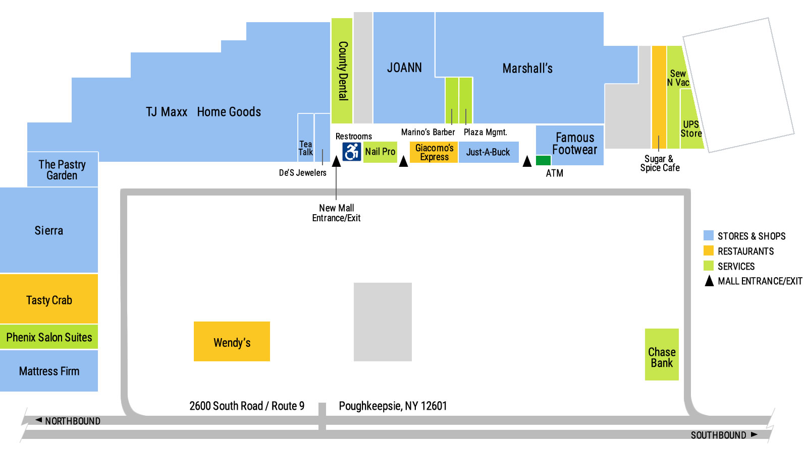 Poughkeepsie Plaza, Directory Map, shopping, dining, Hudson Valley, NY, TJMaxx, Home Goods, Sierra, Marshalls, Joann, Mattress Firm, UPS, Sierra, Phenix Salon