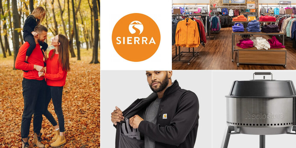 Sierra logo with fall clothing in a store and a man wearing a black jacket. Sierra logo with fall clothing in a store and a man wearing a black jacket.