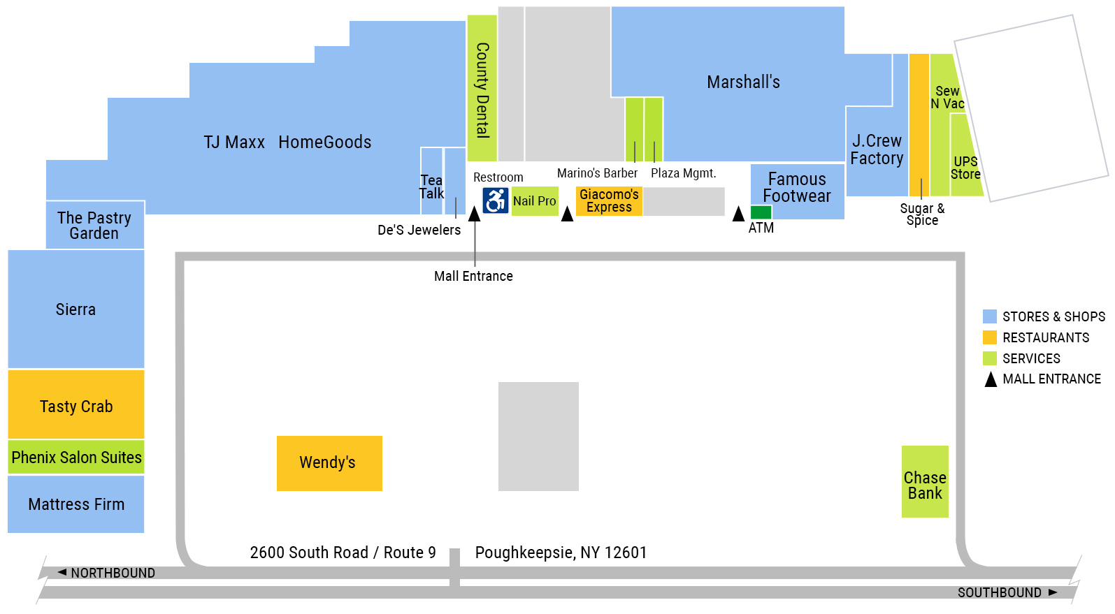 Poughkeepsie Plaza, Store Directory Map, TJ Maxx, Home Goods, Marshalls, Sierra, J.Crew Factory, De's Jewelers, Mattress Firm, UPS Store, Phenix Salon. shopping, dining, Hudson Valley, New York