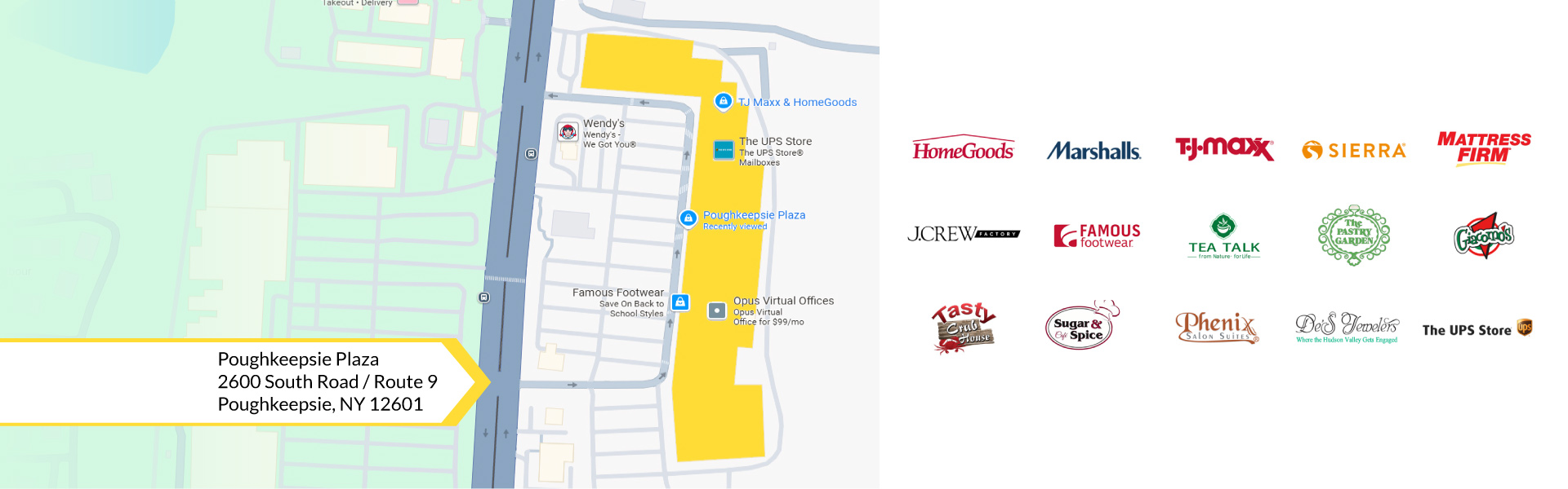 Poughkeepsie Plaza, TJMaxx, Home Goods, Sierra, Marshalls, Mattress Firm, J.Crew Factory, UPS, Famous Footwear, Phenix Salon, Google Map, shopping, dining, Hudson Valley, NY