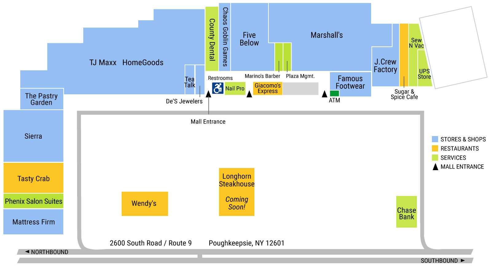 Poughkeepsie Plaza, Store Directory Map, shopping, dining, Hudson Valley, New York, TJ Maxx, Home Goods, Marshalls, Sierra, De's Jewelers, Joann Fabric & Crafts, Mattress Firm, UPS, Five Below, Phenix Salon. Hudson Valley Shopping
